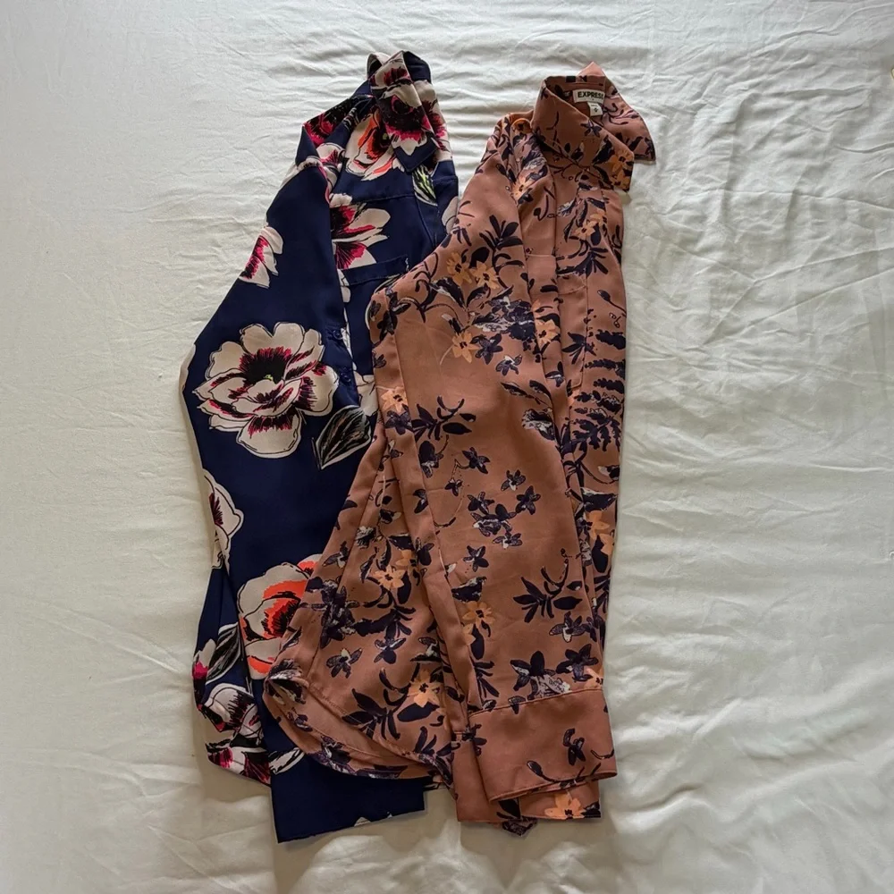 Express Floral Button-Down Bundle Shirt in Navy and Dusty Rose Work Office Chic - Picture 3 of 15